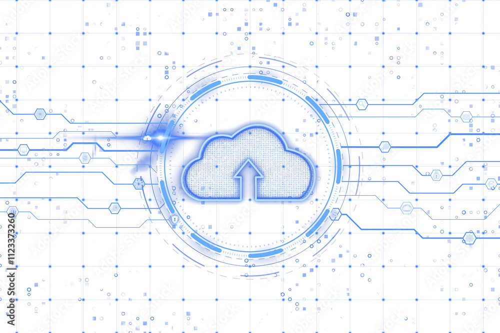 Poster digital cloud with upload arrow surrounded by neon blue tech lines, white background, futuristic hol