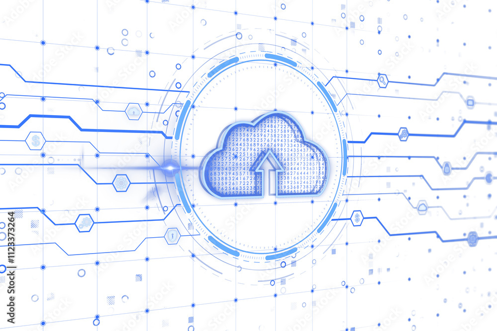 Poster Cloud upload icon with binary code, holographic circuit lines, blue tones, white background. Futuristic digital technology concept. 3D Rendering.