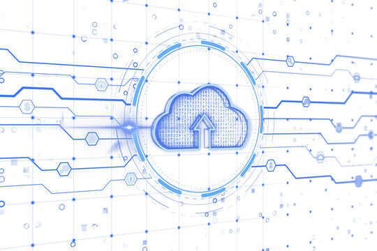 Cloud upload icon with binary code, holographic circuit lines, blue tones, white background. Futuristic digital technology concept. 3D Rendering.