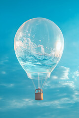 Transparent Balloon with Stormy Ocean Splash Inside on Pastel Blue Background