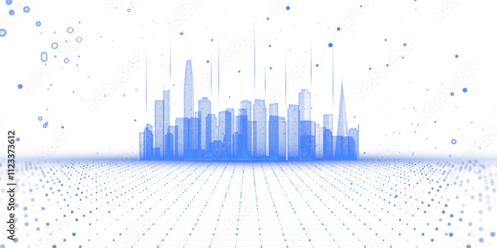 Aufkleber futuristic cityscape in blue tones with gridlines and dots, isolated on a white background. concept 