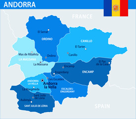 Andorra Map Vector Blue Spot - Customizable layered political map of Andorra with administrative divisions for website, education, reports, news, politics, print, poster and wallpaper
