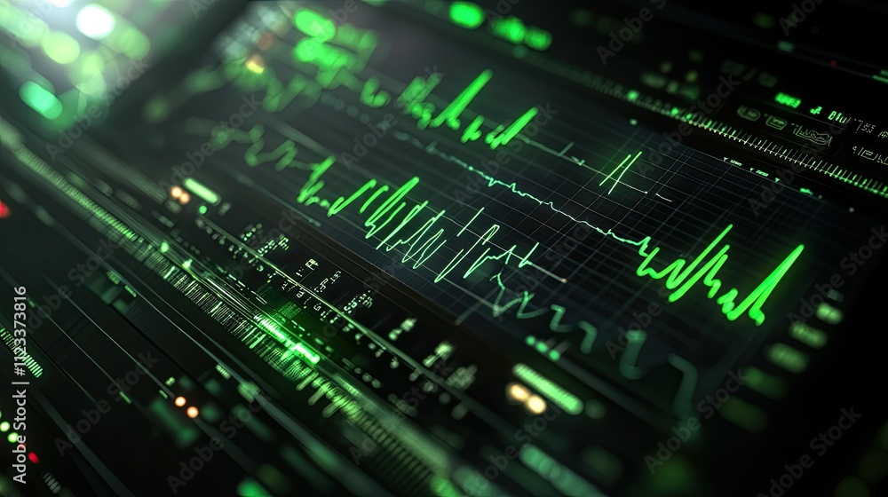 Poster abstract data visualization with green lines and graphs on screen
