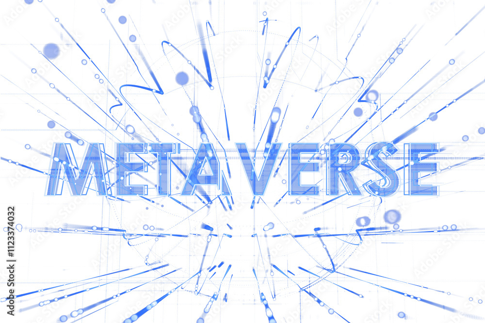 Aufkleber Blue Metaverse text in a digital design surrounded by neon lines and dots on a white background, reflecting virtual tech style concepts. 3D Rendering.