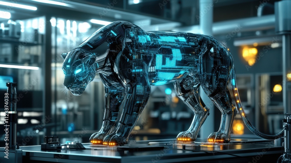Poster futuristic transparent panther with circuit design in high tech setting