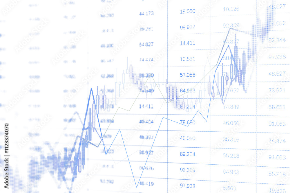 Poster financial chart with blue lines and data columns, white background, clean and professional style. co