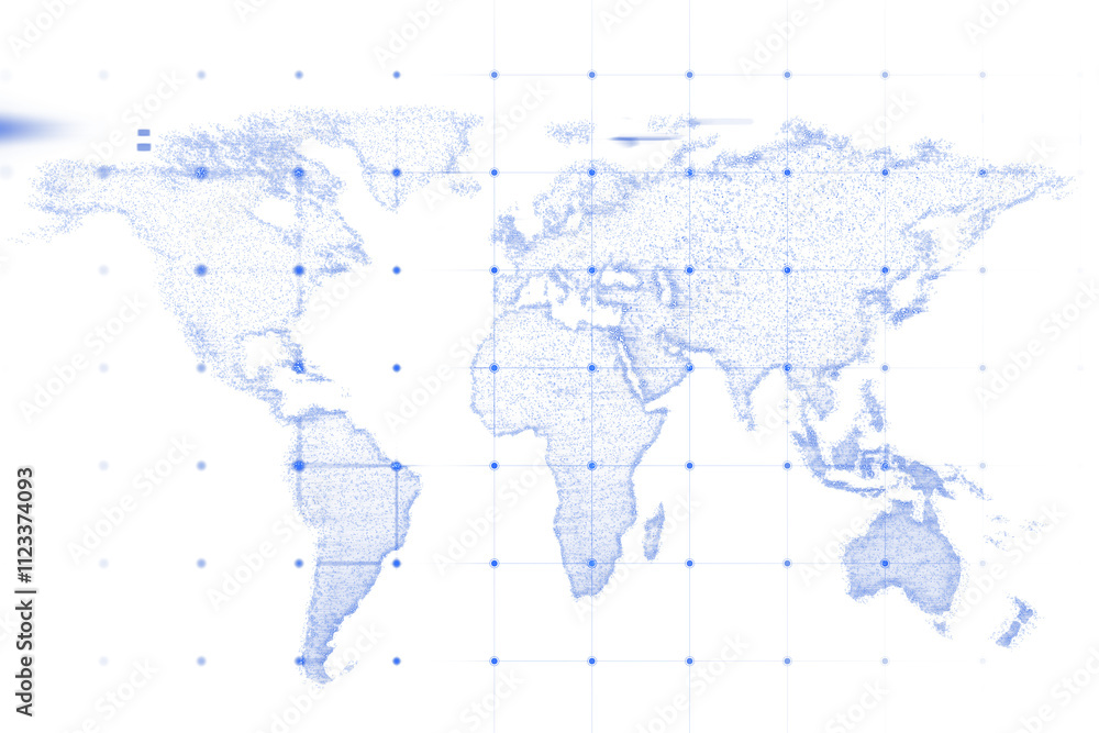 Aufkleber Abstract world map made of blue dots with a grid and glowing points, on a clean white background, symbolizing global connectivity and technology. 3D Rendering.