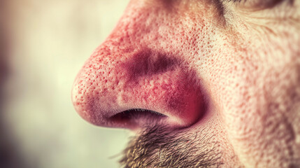 Fototapeta premium Close up of red irritated nose, emphasizing the discomfort and struggle of allergies or cold symptoms, highlighting the human vulnerability and resilience in the face of common ailments