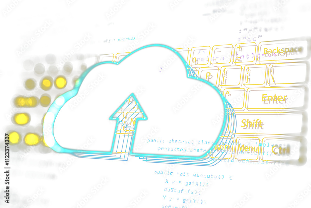 Aufkleber Neon cloud with an upload arrow overlaying a keyboard and programming code, on a clean white background. Concept of digital data storage. 3D Rendering.