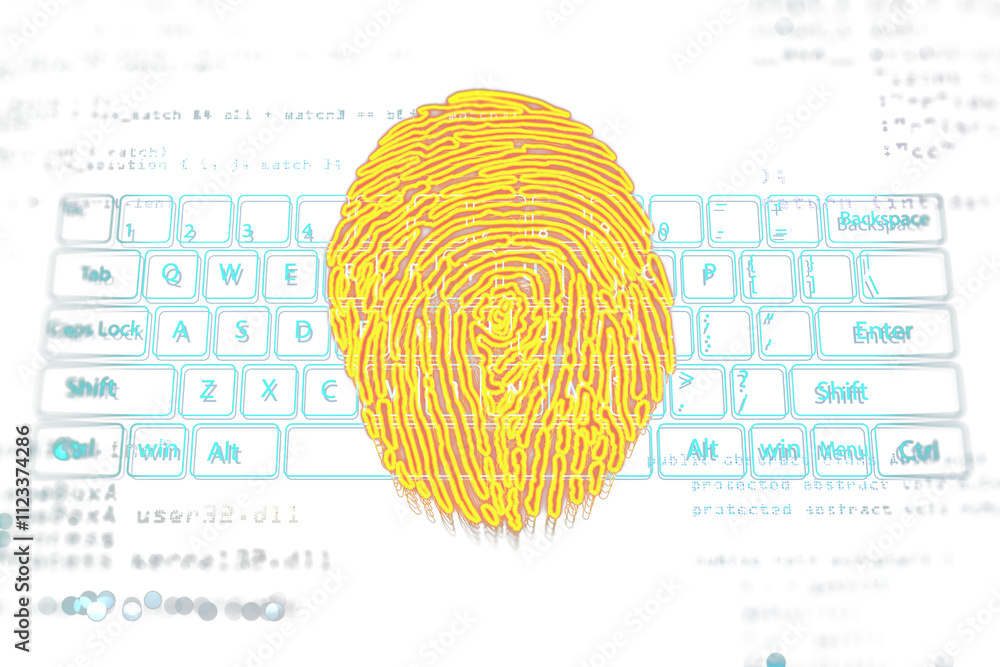 Aufkleber Yellow fingerprint on a white background, layered over a keyboard and digital code. Concept of cybersecurity, identity, and technology. 3D Rendering.