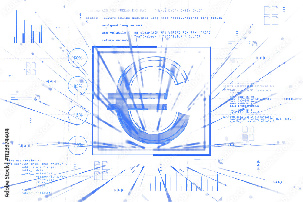 Poster digital euro symbol with futuristic holographic style, surrounded by charts, lines, and data in blue