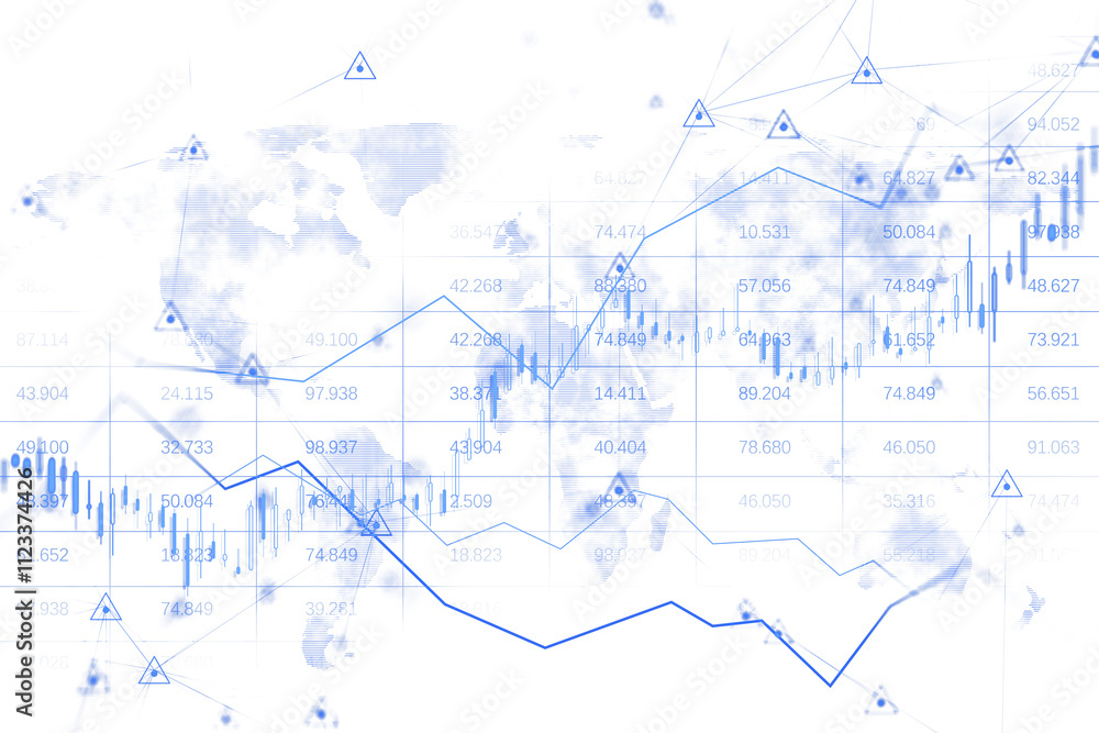 Poster Financial graph with fluctuating blue lines, data points, and alert icons overlaid on a faint world map, isolated on white background. 3D Rendering.