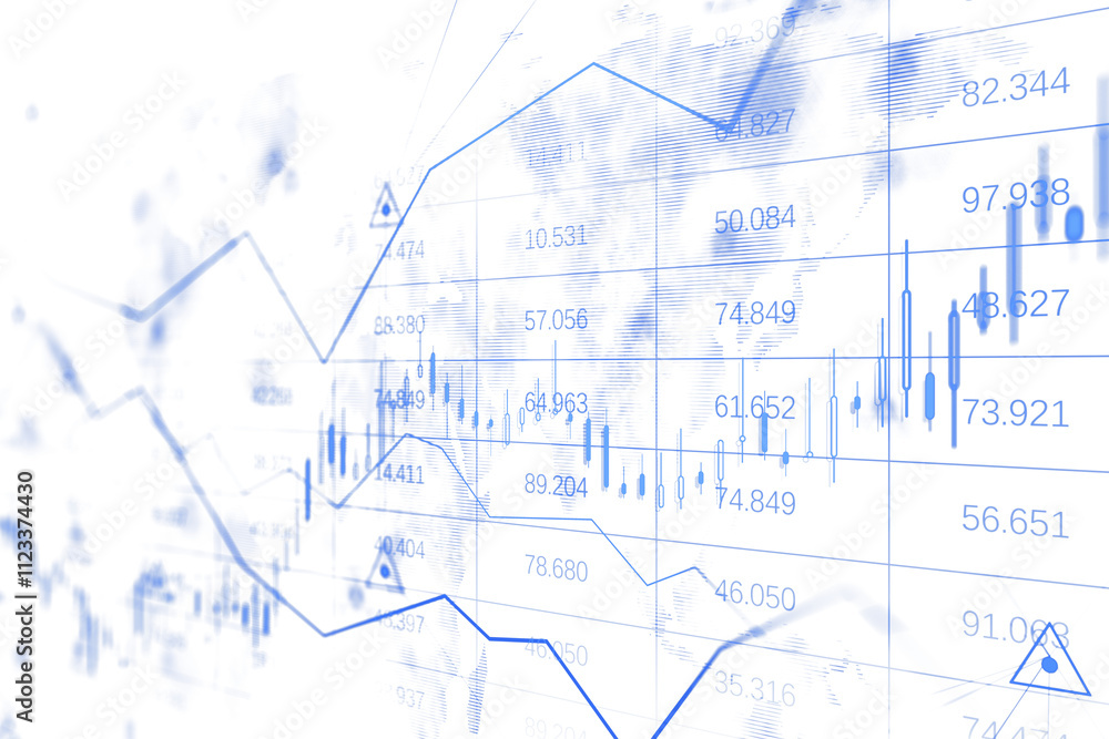 Poster digital blue financial graph with data points, candlestick chart, and trend lines on a white backgro