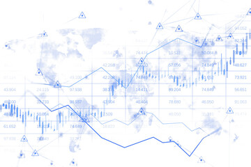Financial graph with fluctuating blue lines, data points, and alert icons overlaid on a faint world map, isolated on white background. 3D Rendering.