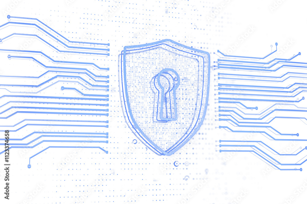 Aufkleber Digital shield icon with keyhole surrounded by blue circuit lines on white background, representing cybersecurity and data protection. 3D Rendering.
