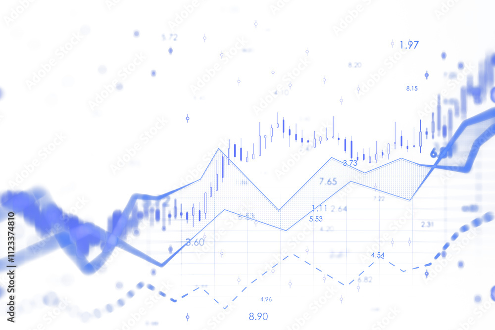 Poster abstract financial chart with blue candlestick graph and lines on white background, clean style, con