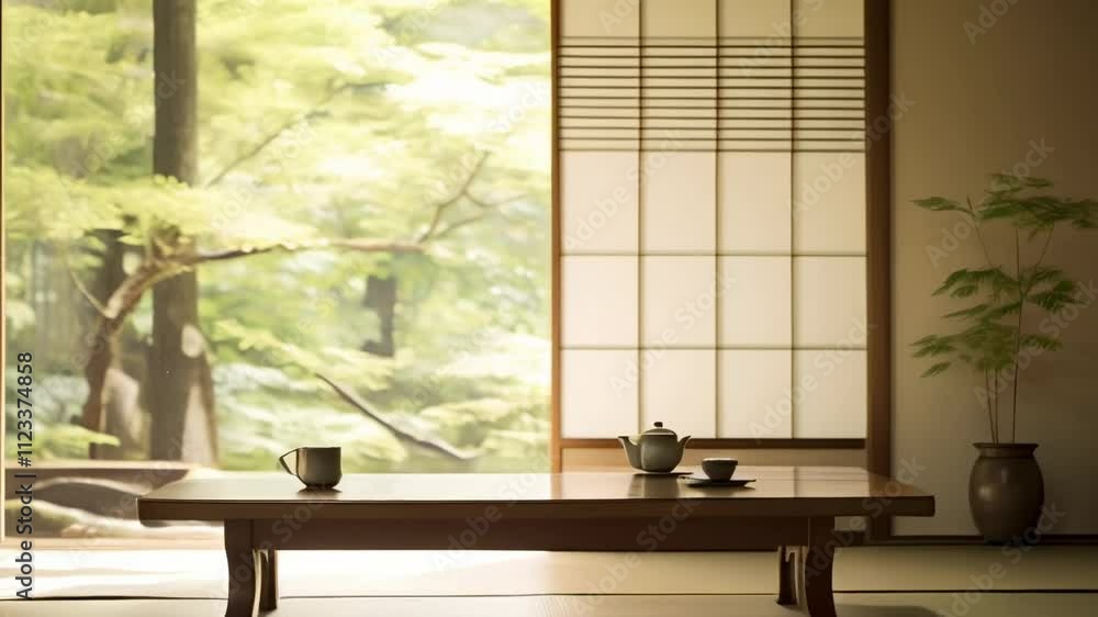 Poster Sunlight streams into a serene japanese room, illuminating a low table set for a tea ceremony with a teapot and cup, offering a tranquil view of a lush green garden through sliding shoji screens