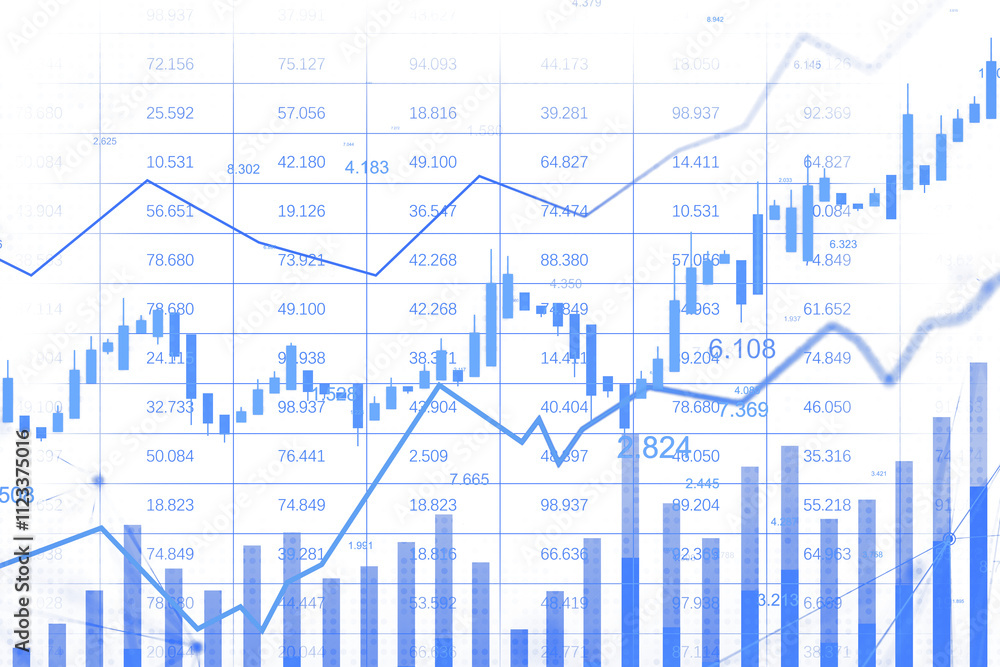 Aufkleber candlestick chart with data, bar graphs, and trend lines, blue style on a white grid background. con