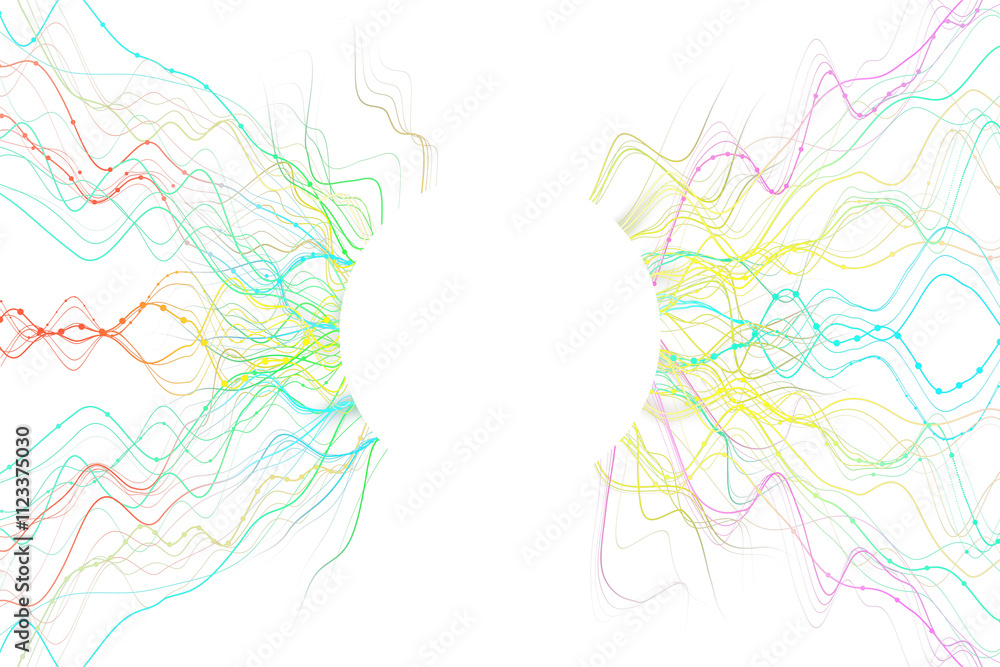 Poster abstract colorful lines flowing symmetrically, with a circular blank center, on a white background. 