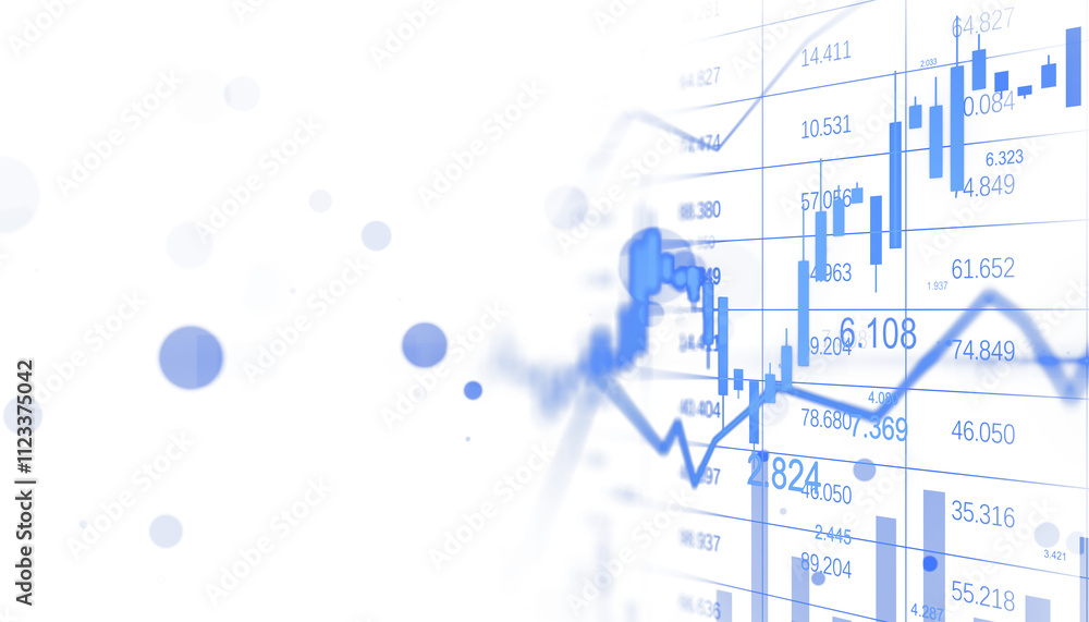 Aufkleber Financial stock market chart featuring blue data lines, bars, and numeric elements on a clean white background, concept of analysis. 3D Rendering.