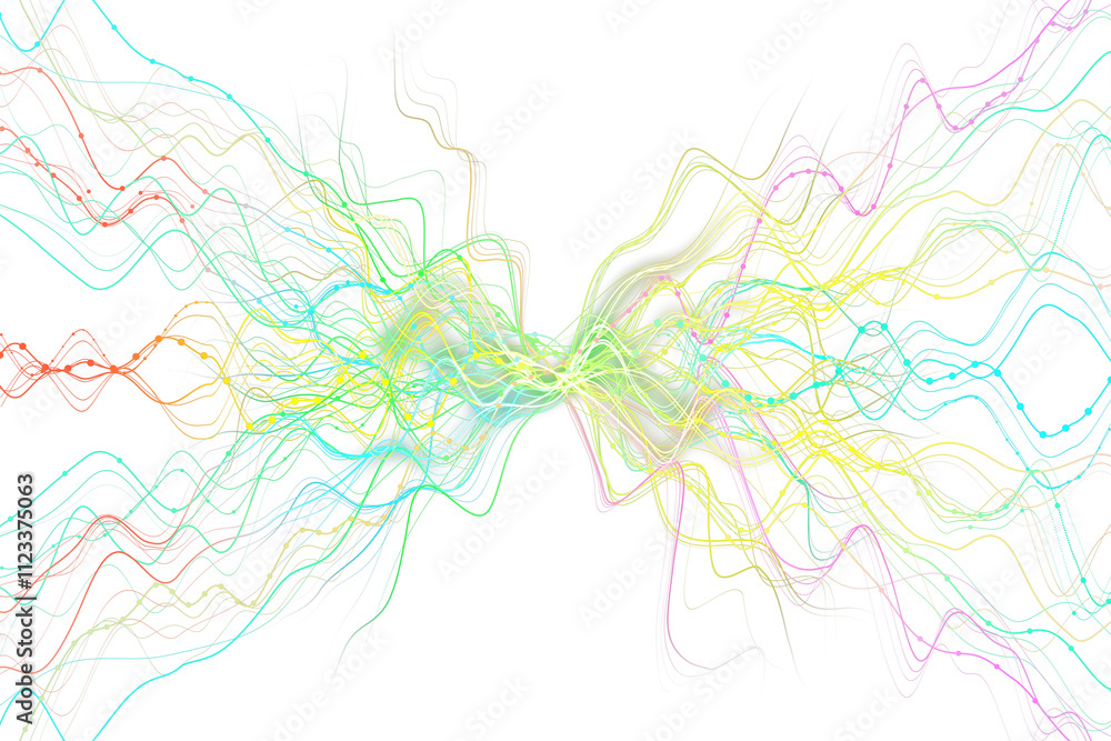 Poster Abstract colorful wavy lines, intersecting design, white background, digital style, concept of flow, technology, and connection dynamics. 3D Rendering.