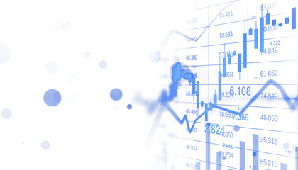 Obraz premium Financial stock market chart featuring blue data lines, bars, and numeric elements on a clean white background, concept of analysis. 3D Rendering.