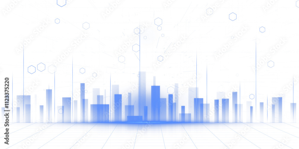 Poster abstract blue futuristic cityscape illustration with hexagonal elements, clean white background, dig