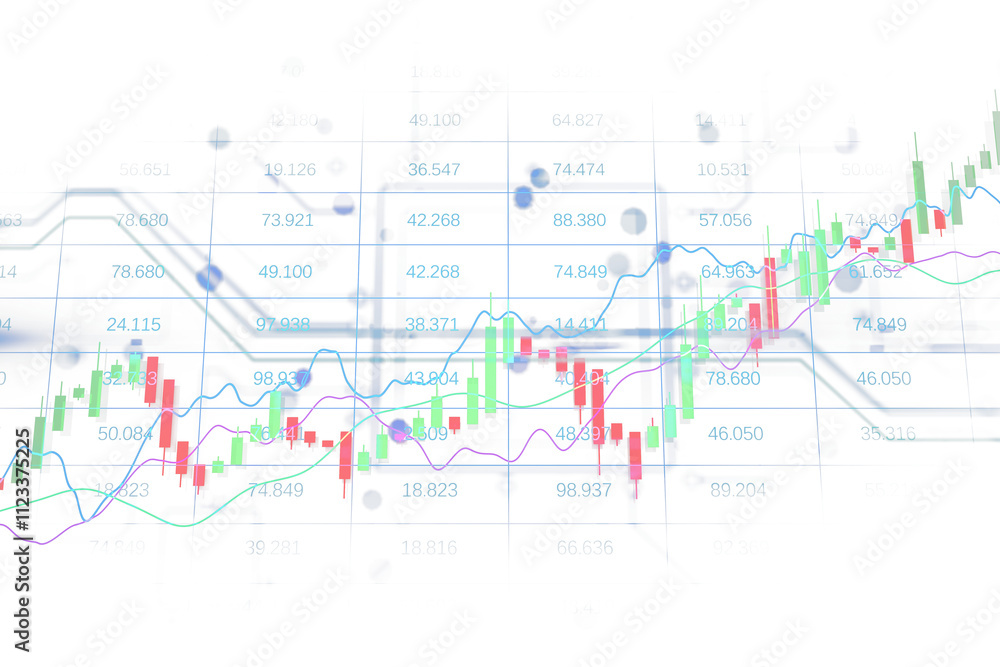 Poster financial trading chart with candlestick patterns, colorful trend lines, and numerical data. clean l