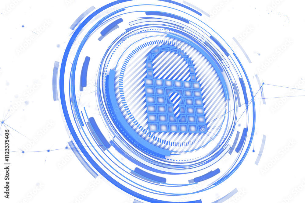 Aufkleber Blue lock icon with abstract circular tech patterns, isolated on a white background, representing security, virtual technology, and protection. 3D Rendering.