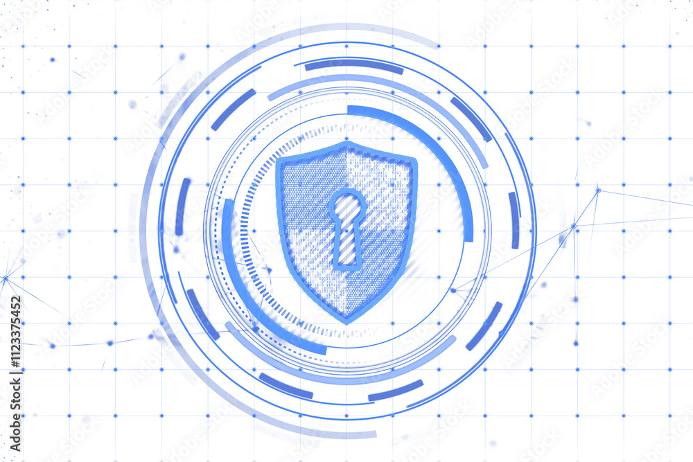 Poster Digital shield with keyhole inside, holographic circular interface, white grid background, concept of cybersecurity and data protection. 3D Rendering.
