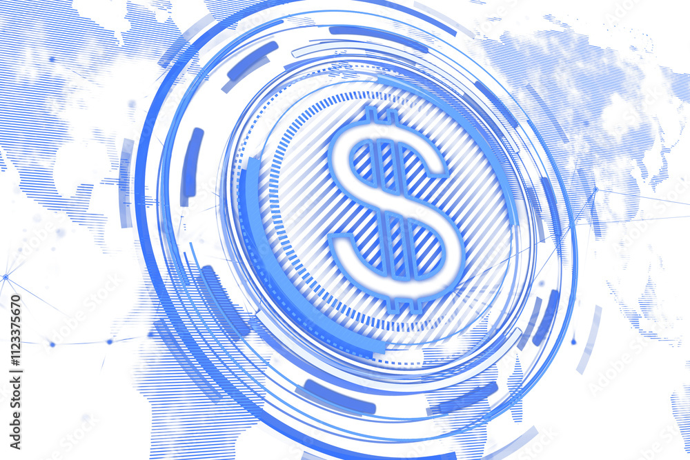 Poster dollar sign in blue with digital circular lines, overlaid on a global map. clean white background. c