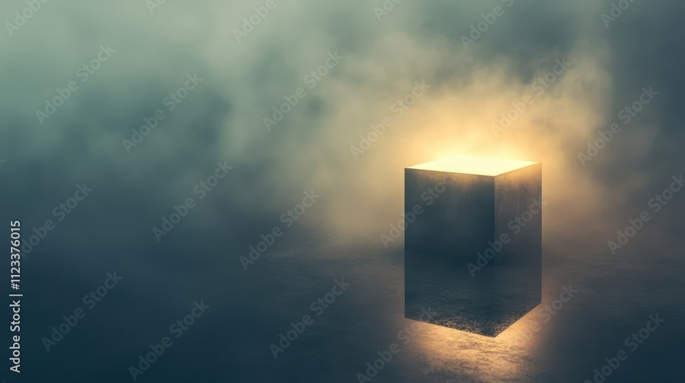 Poster mysterious glowing cube in foggy atmosphere with reflection