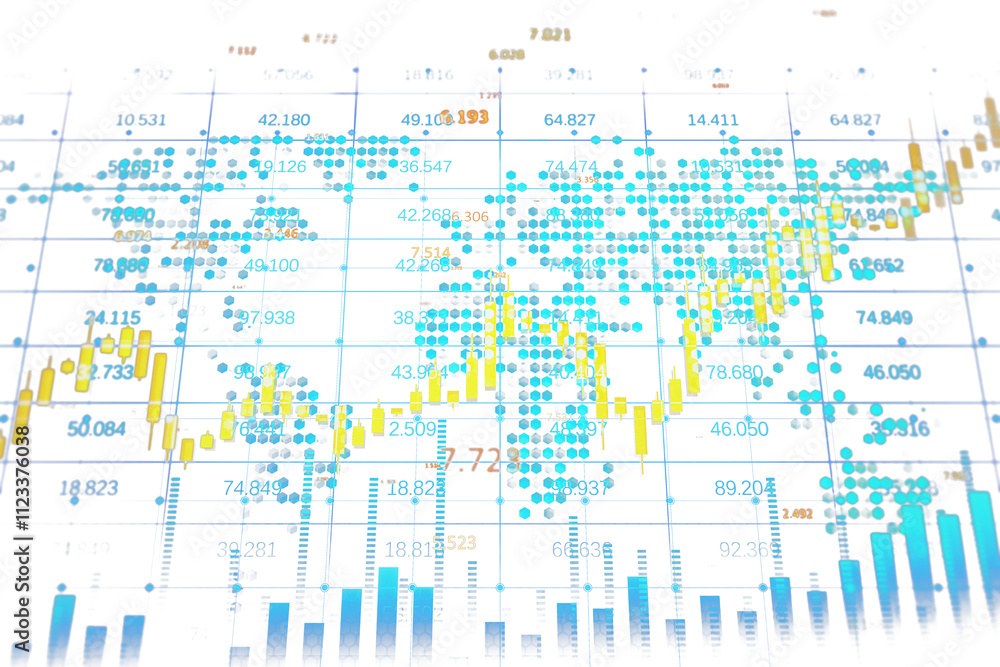 Poster abstract financial chart with yellow candlesticks, blue dots, and bar graphs on a white background. 