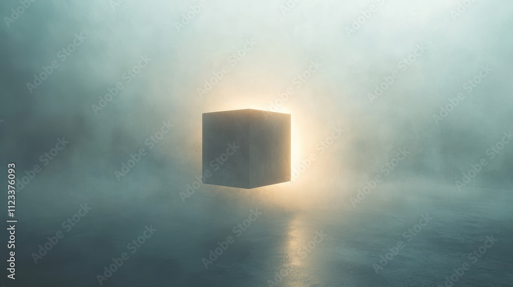 Poster mysterious floating cube in fog with glowing light background