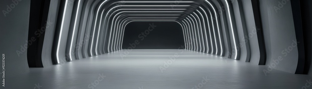 Poster a sleek, modern corridor with illuminated arches, creating a futuristic atmosphere and an inviting s