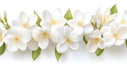 Obraz premium A row of white flowers with green leaves