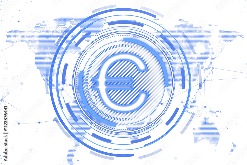 Poster euro symbol in blue with digital tech elements, circular hologram style, overlaid on a white backgro