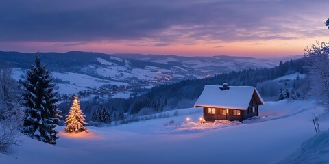 Fototapeta premium a christmas tree with candles stands in the snow next to a lonely romantically lit hut in mountains