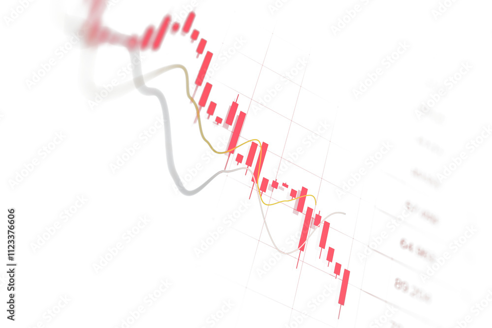 Poster candlestick chart with red bars, lines indicating market trends, white background, financial data co