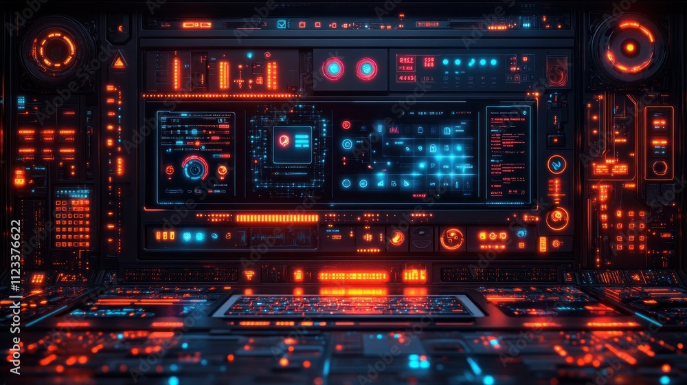 Poster futuristic control panel with glowing interfaces and data displays.