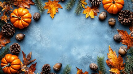 Fall background with orange pumpkins and fall leaves on a light surface surrounded by acorns and pinecones creating a warm autumnal festive vibe