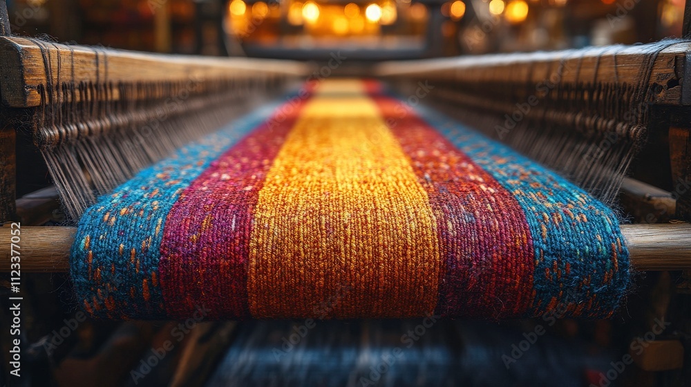 Aufkleber vibrant textiles on traditional loom capturing the craftsmanship and colors of artisan weaving in a 