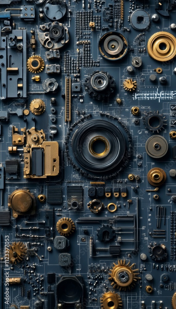 Poster intricate mechanical components displayed on technical blueprint highlighting engineering innovation