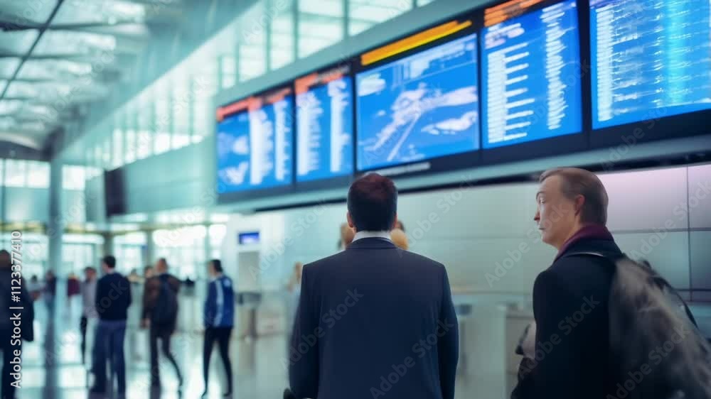 Poster two businessmen with wheeled luggage are looking at timetable display in airport terminal while othe