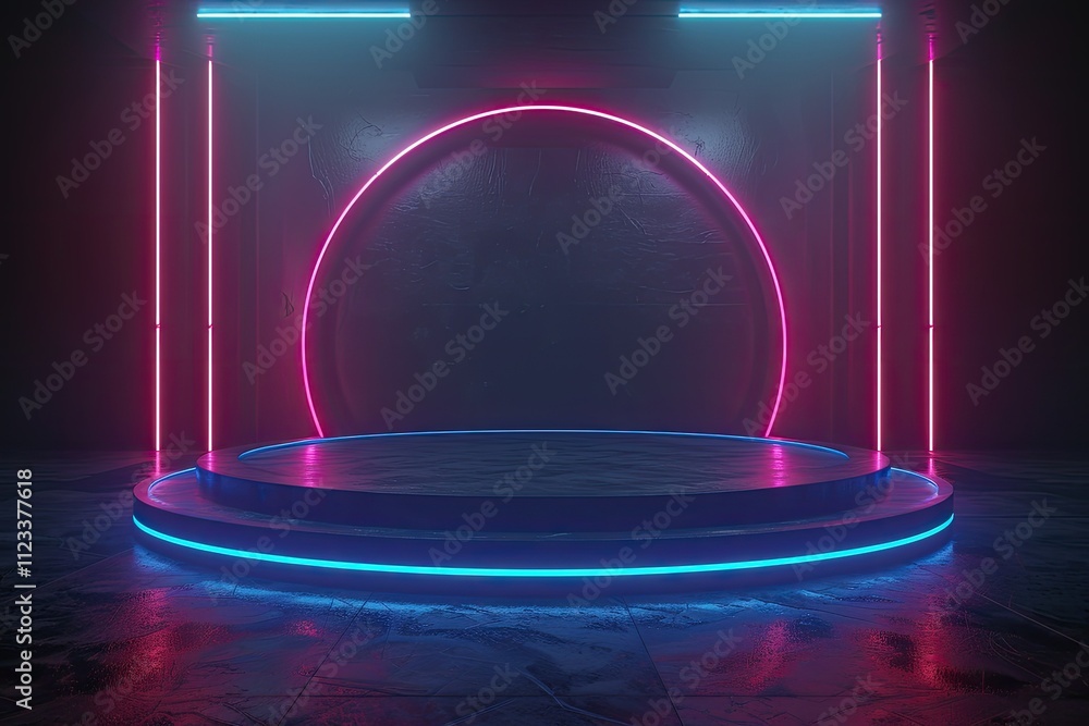 Poster 3d rendering of a futuristic empty circular stage with glowing lights in a dark room neon lights