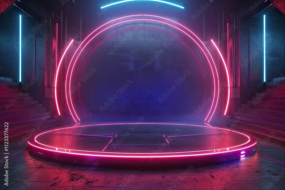Poster 3d rendering of a futuristic empty circular stage with glowing lights in a dark room neon lights