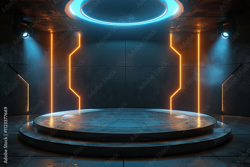 Poster 3d rendering of a futuristic empty circular stage with glowing lights in a dark room neon lights