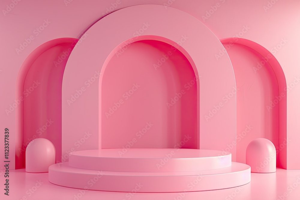 Poster high quality visual of 3d rendering of pink podium minimal scene with geometrical shapes