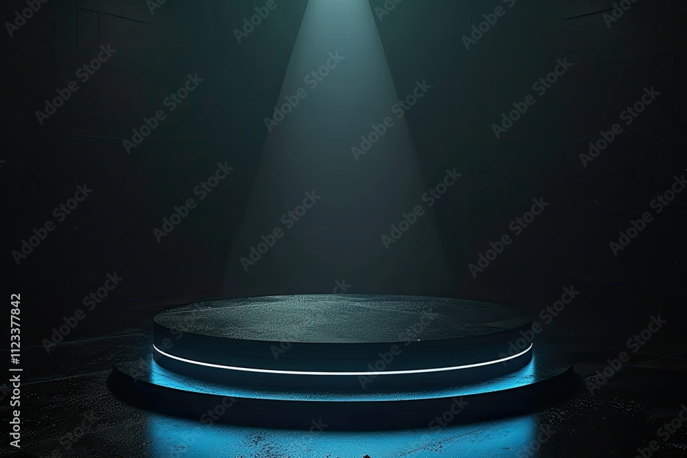 Fototapete 3d rendering of empty dark podium pedestal glowing in spotlight futuristic scifi background