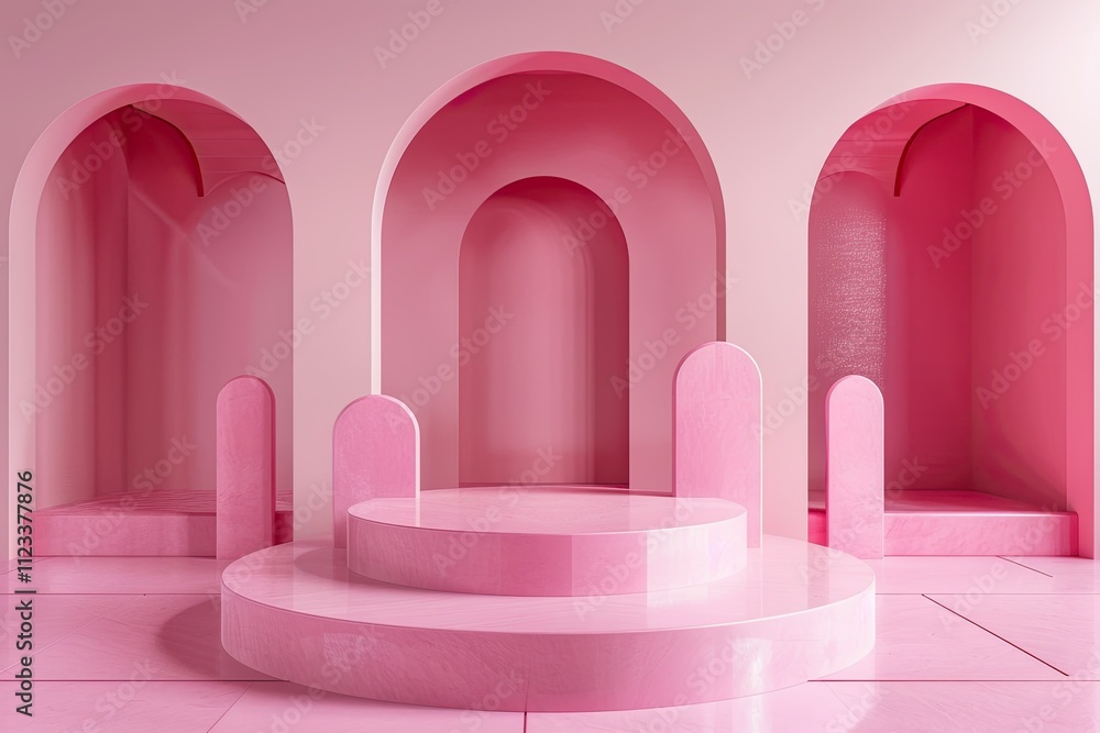 Poster high resolution visual of 3d rendering of pink podium minimal scene with geometrical shapes